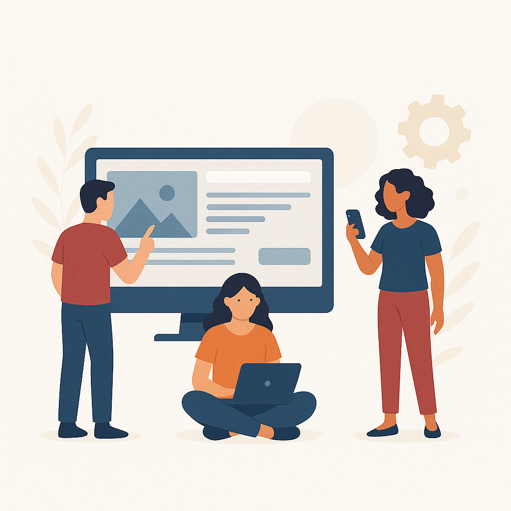 Team collaboration illustration showing people working together on web development projects